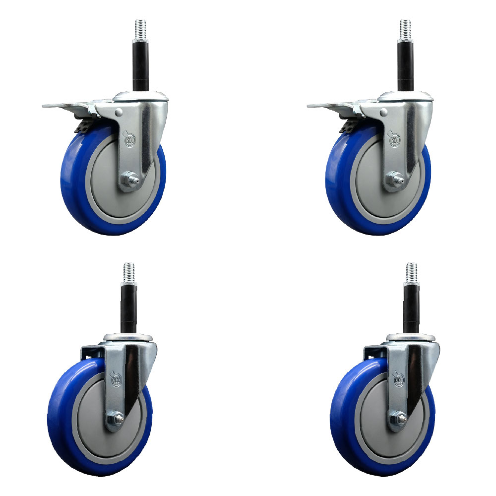 Stainless Steel Polyurethane Swivel Expanding Stem Caster Set of 4 with 5 Inch Blue Wheels and 3/4" Stems - Includes 2 with Total Locking Brakes - 1400 lbs Total Capacity - Service Caster Brand — photo 1