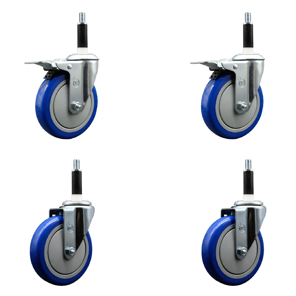 Polyurethane Swivel Expanding Stem Caster Set of 4 with 5 Inch Blue Wheels and 7/8" Stems - Includes 2 with Total Locking Brakes - 1400 lbs Total Capacity - Service Caster Brand — photo 1