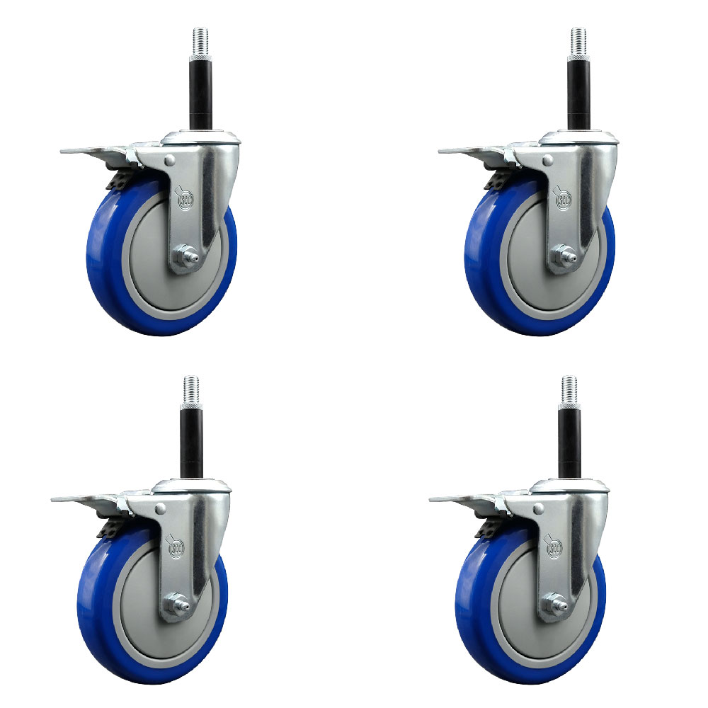 Stainless Steel Polyurethane Swivel Expanding Stem Caster Set of 4 with 5 Inch Blue Wheels and 3/4" Stems - 4 Swivel with Total Locking Brakes - 350 lbs. Capacity Per Caster - Service Caster Brand — photo 1