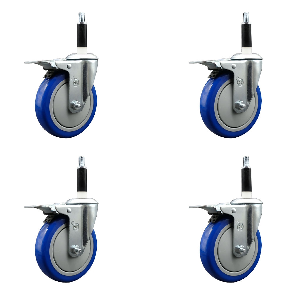 Polyurethane Swivel Expanding Stem Caster Set of 4 with 5 Inch Blue Wheels and 7/8" Stems - Includes 4 Swivel with Total Locking Brakes - 350 lbs. Capacity Per Caster - Service Caster Brand — photo 1