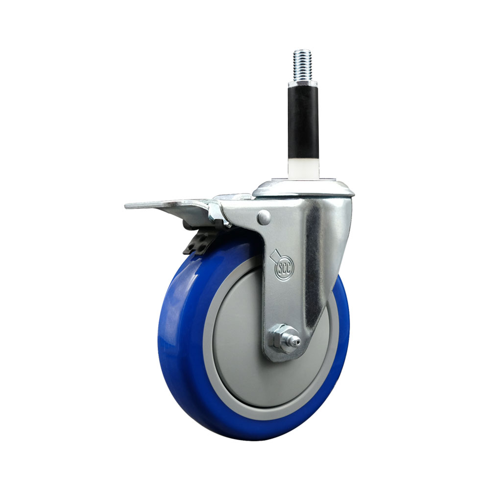 Stainless Steel Polyurethane Expanding Stem Swivel Caster with 5 Inch Blue Wheel and 7/8" Stem & Total Locking Brake - 350 lbs. Capacity Per Caster - Service Caster Brand — photo 1