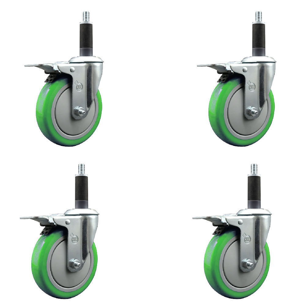 Stainless Steel Polyurethane Swivel Expanding Stem Caster Set of 4 with 5 Inch Green Wheels and 1" Stems - Includes 4 Swivel with Total Locking Brakes-350 lbs. Capacity Per Caster-Service Caster Brand — photo 1