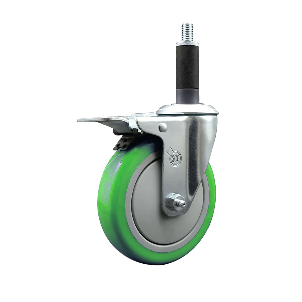 Polyurethane Expanding Stem Swivel Caster with 5 Inch Green Wheel and 1" Stem & Total Locking Brake - 350 lbs. Capacity Per Caster - Service Caster Brand — photo 1