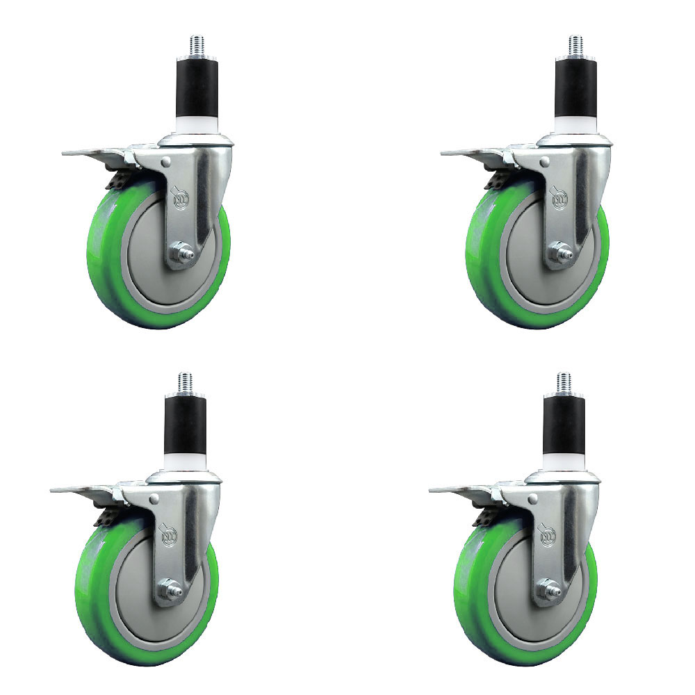 Stainless Steel Polyurethane Swivel Expanding Stem Caster Set of 4 with 5 Inch Green Wheels and 1-1/2" Stems-Includes 4 Swivel with Total Locking Brake-350lbs. Capacity Per Caster-Service Caster Brand — photo 1