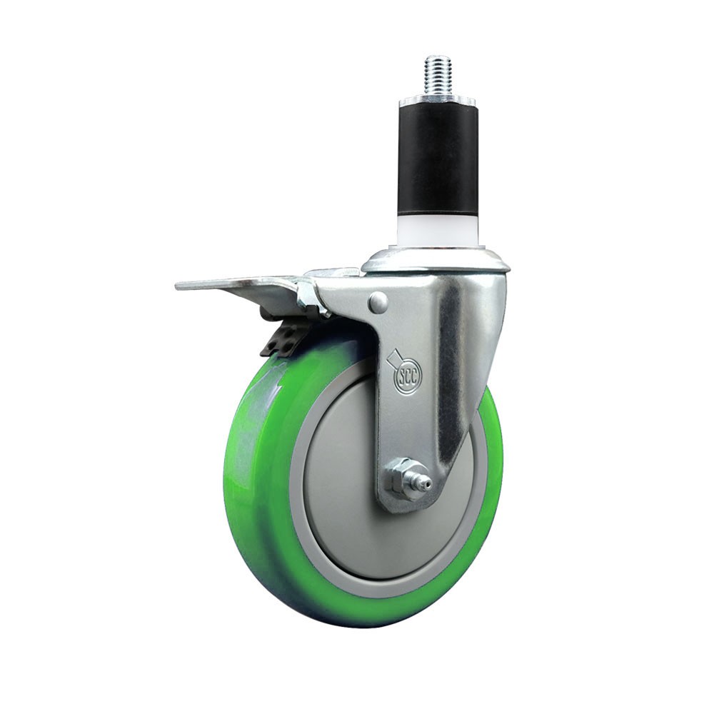 Stainless Steel Polyurethane Expanding Stem Swivel Caster with 5 Inch Green Wheel and 1-1/2" Stem & Total Locking Brake - 350 lbs. Capacity Per Caster - Service Caster Brand — photo 1