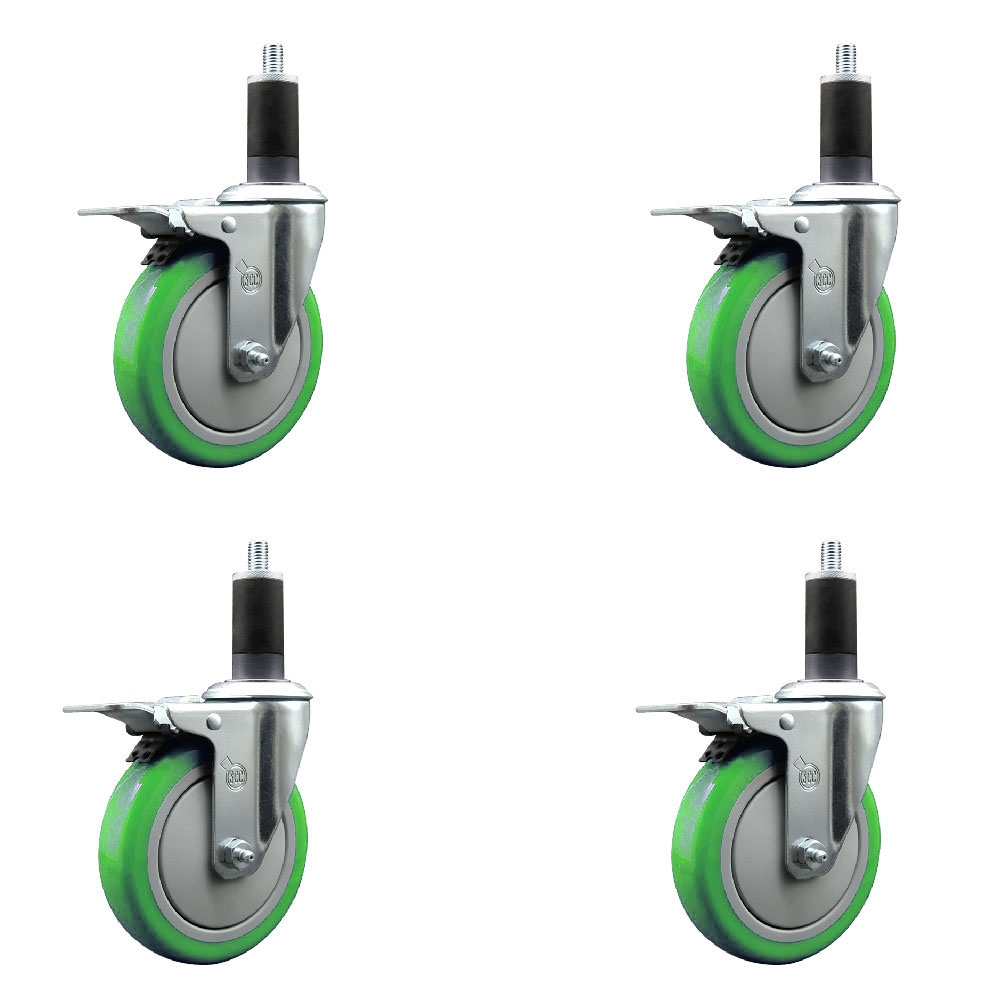 Stainless Steel Polyurethane Swivel Expanding Stem Caster Set of 4 with 5 Inch Green Wheels and 1-1/4" Stems-Includes 4 Swivel with Total Locking Brake-350lbs. Capacity Per Caster-Service Caster Brand — photo 1