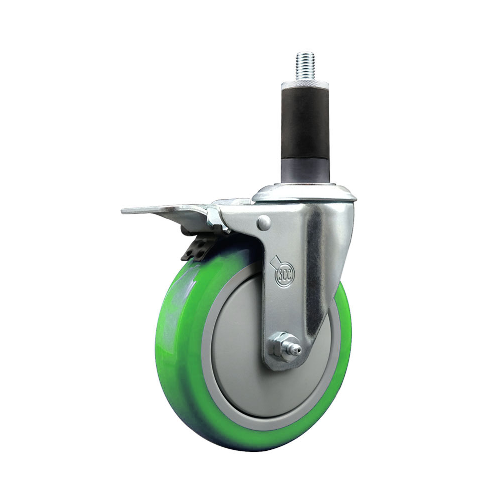 Stainless Steel Polyurethane Expanding Stem Swivel Caster with 5 Inch Green Wheel and 1-1/4" Stem & Total Locking Brake - 350 lbs. Capacity Per Caster - Service Caster Brand — photo 1