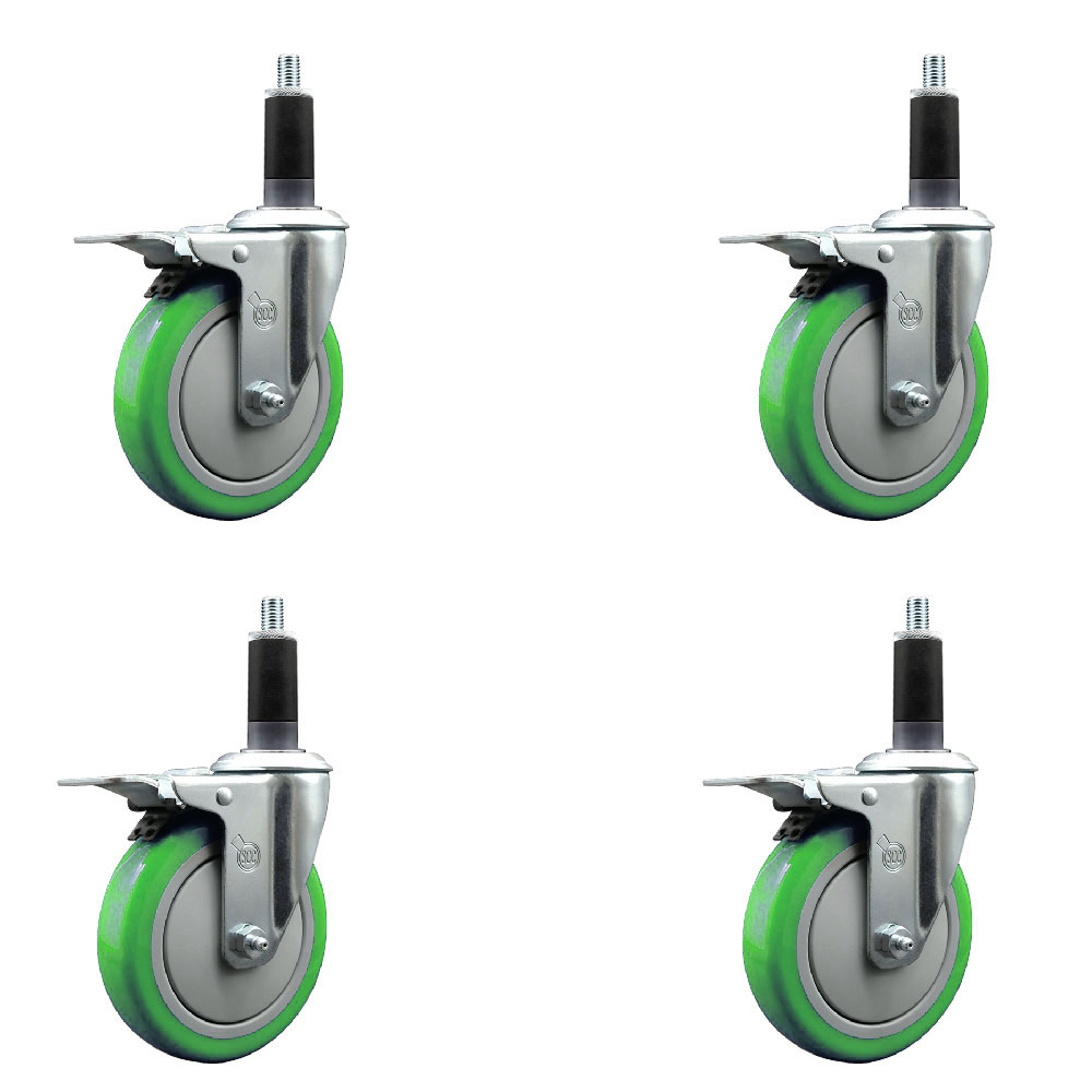 Stainless Steel Polyurethane Swivel Expanding Stem Caster Set of 4 with 5 Inch Green Wheels and 1-1/8" Stems-Includes 4 Swivel with Total Locking Brake-350lbs. Capacity Per Caster-Service Caster Brand — photo 1