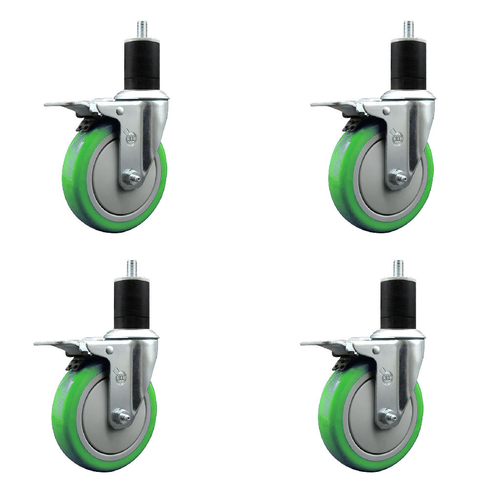 Polyurethane Swivel Expanding Stem Caster Set of 4 with 5 Inch Green Wheels and 1-3/4" Stems - Includes 4 Swivel with Total Locking Brakes - 350 lbs. Capacity Per Caster - Service Caster Brand — photo 1