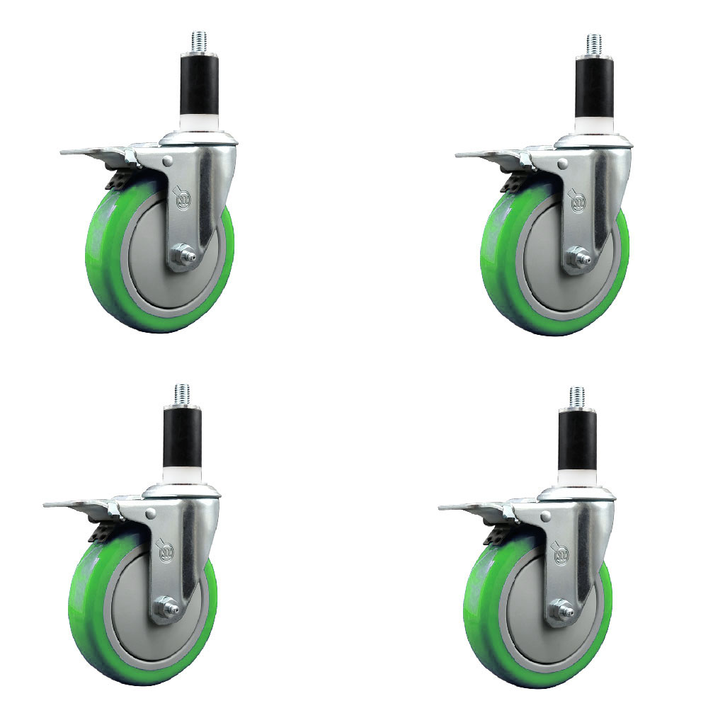 Polyurethane Swivel Expanding Stem Caster Set of 4 with 5 Inch Green Wheels and 1-3/8" Stems - Includes 4 Swivel with Total Locking Brakes - 350 lbs. Capacity Per Caster - Service Caster Brand — photo 1
