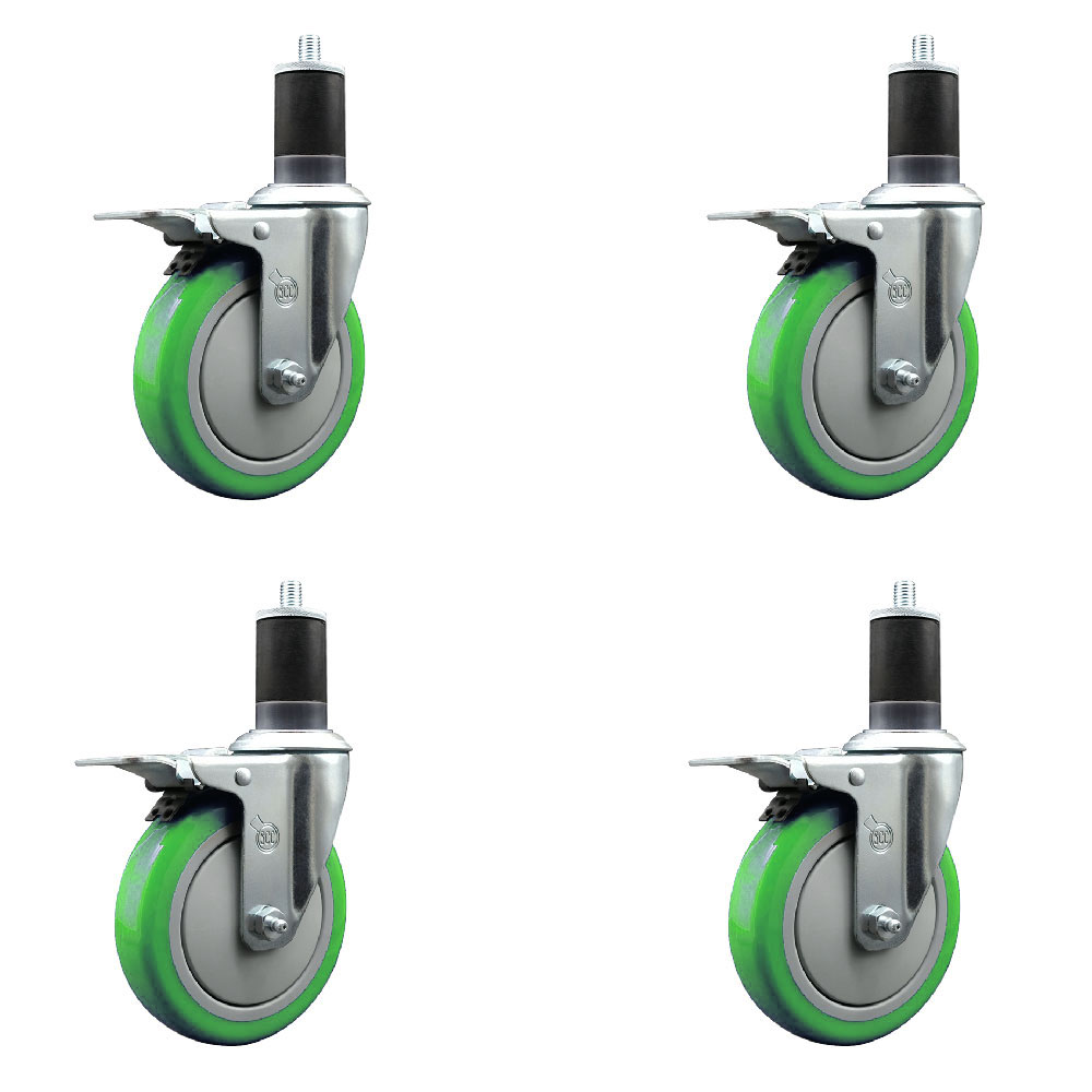 Polyurethane Swivel Expanding Stem Caster Set of 4 with 5 Inch Green Wheels and 1-5/8" Stems - Includes 4 Swivel with Total Locking Brakes - 350 lbs. Capacity Per Caster - Service Caster Brand — photo 1