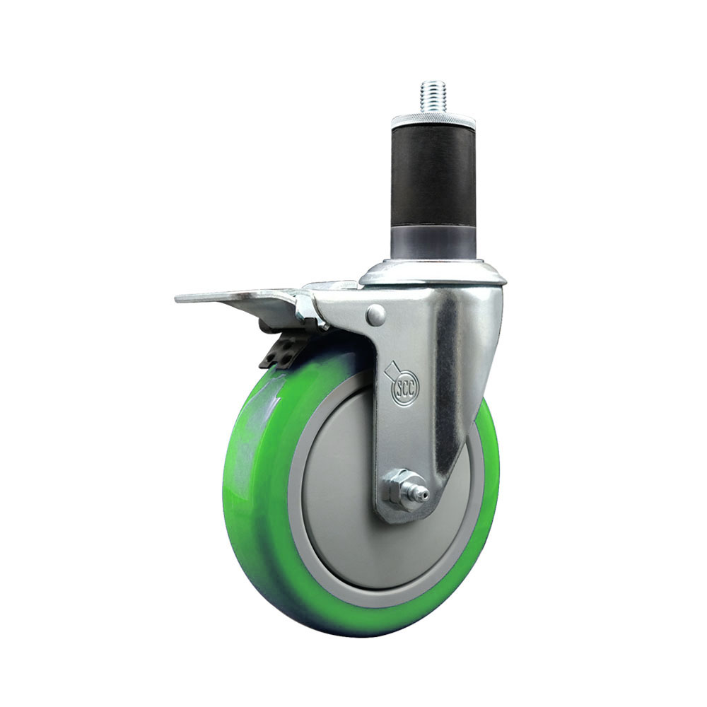 Stainless Steel Polyurethane Expanding Stem Swivel Caster with 5 Inch Green Wheel and 1-5/8" Stem & Total Locking Brake - 350 lbs. Capacity Per Caster - Service Caster Brand — photo 1