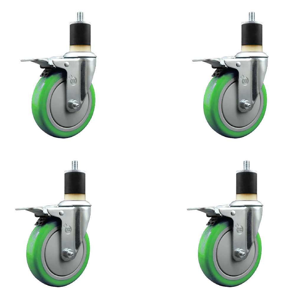 Stainless Steel Polyurethane Swivel Expanding Stem Caster Set of 4 with 5 Inch Green Wheels and 1-7/8" Stems-Includes 4 Swivel with Total Locking Brake-350lbs. Capacity Per Caster-Service Caster Brand — photo 1