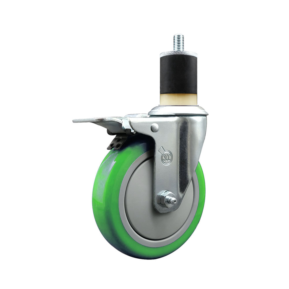 Polyurethane Expanding Stem Swivel Caster with 5 Inch Green Wheel and 1-7/8" Stem & Total Locking Brake - 350 lbs. Capacity Per Caster - Service Caster Brand — photo 1
