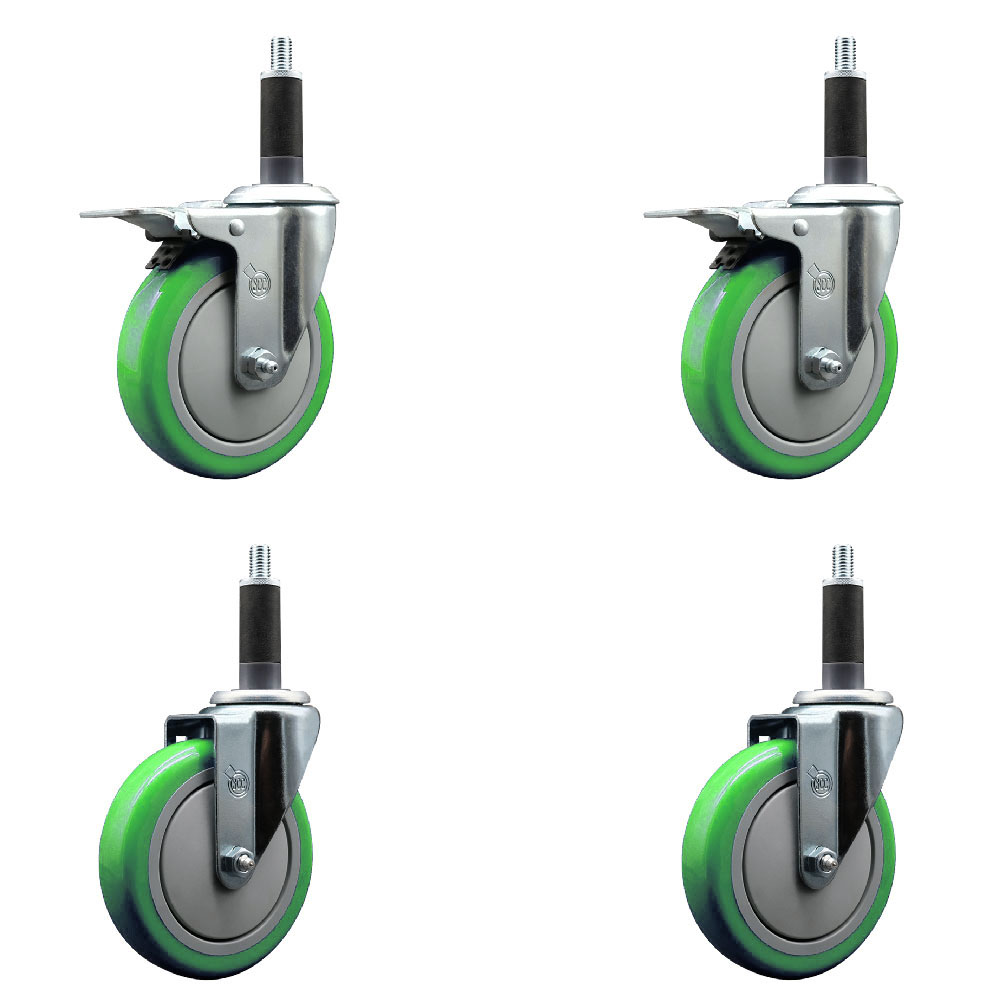 Stainless Steel Polyurethane Swivel Expanding Stem Caster Set of 4 with 5 Inch Green Wheels and 1" Stems - Includes 2 with Total Locking Brakes - 1400 lbs Total Capacity - Service Caster Brand — photo 1