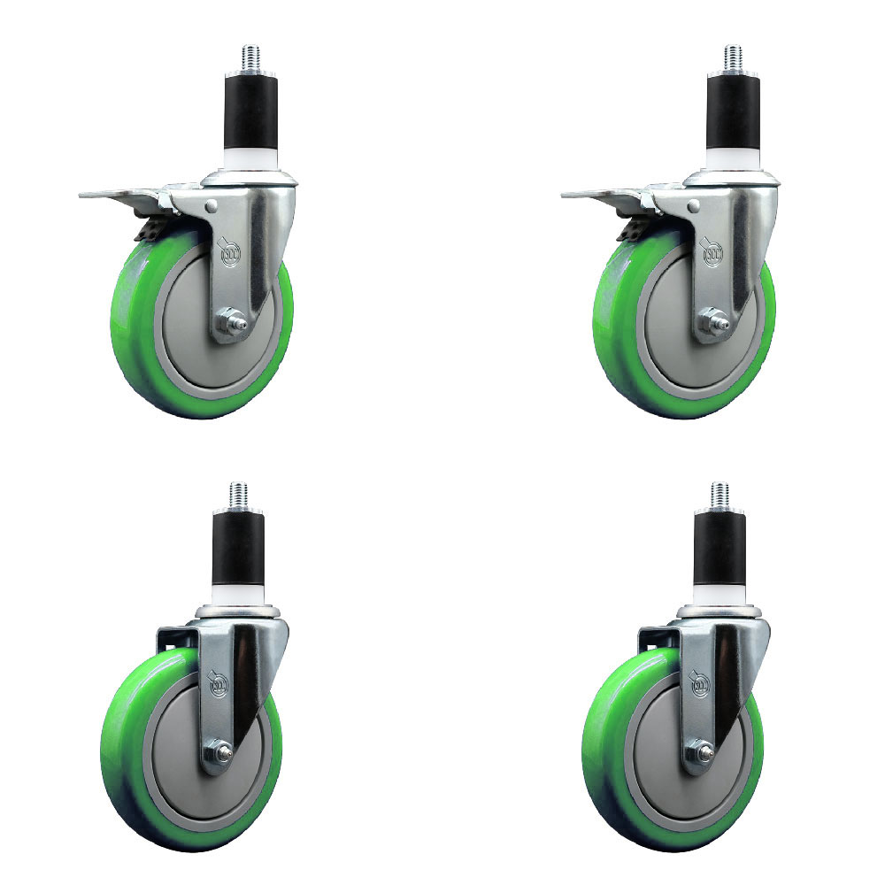 Polyurethane Swivel Expanding Stem Caster Set of 4 with 5 Inch Green Wheels and 1-1/2" Stems - Includes 2 with Total Locking Brakes - 1400 lbs Total Capacity - Service Caster Brand — photo 1