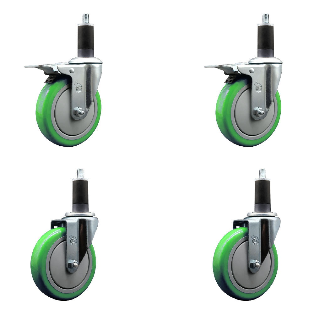Stainless Steel Polyurethane Swivel Expanding Stem Caster Set of 4 with 5 Inch Green Wheels and 1-1/4" Stems - Includes 2 with Total Locking Brakes - 1400 lbs Total Capacity - Service Caster Brand — photo 1