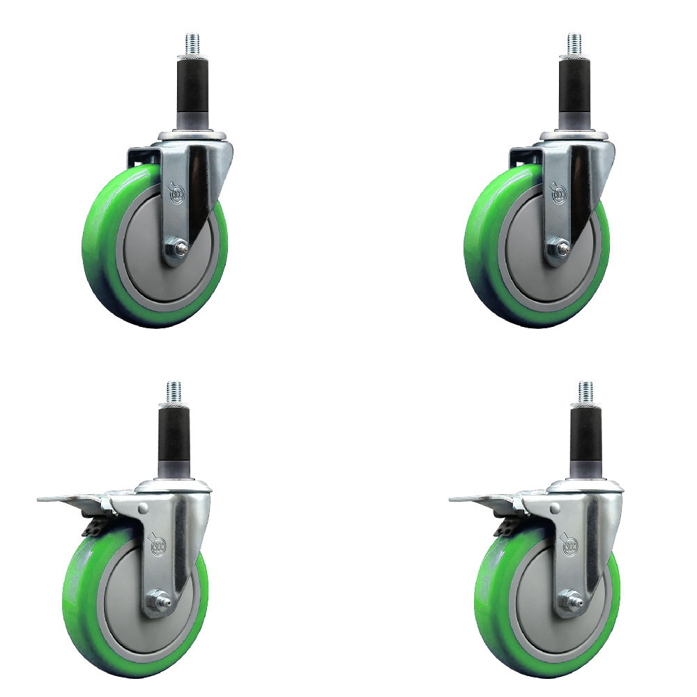 Polyurethane Swivel Expanding Stem Caster Set of 4 with 5 Inch Green Wheels and 1-1/8" Stems - Includes 2 with Total Locking Brakes - 1400 lbs Total Capacity - Service Caster Brand — photo 1