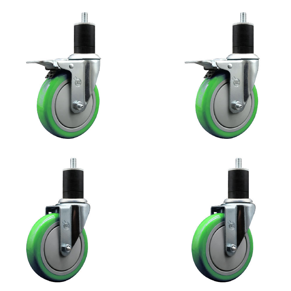 Stainless Steel Polyurethane Swivel Expanding Stem Caster Set of 4 with 5 Inch Green Wheels and 1-3/4" Stems - Includes 2 with Total Locking Brakes - 1400 lbs Total Capacity - Service Caster Brand — photo 1