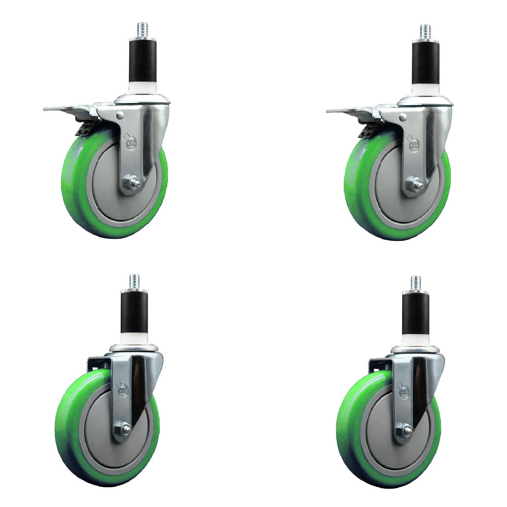 Stainless Steel Polyurethane Swivel Expanding Stem Caster Set of 4 with 5 Inch Green Wheels and 1-3/8" Stems - Includes 2 with Total Locking Brakes - 1400 lbs Total Capacity - Service Caster Brand — photo 1