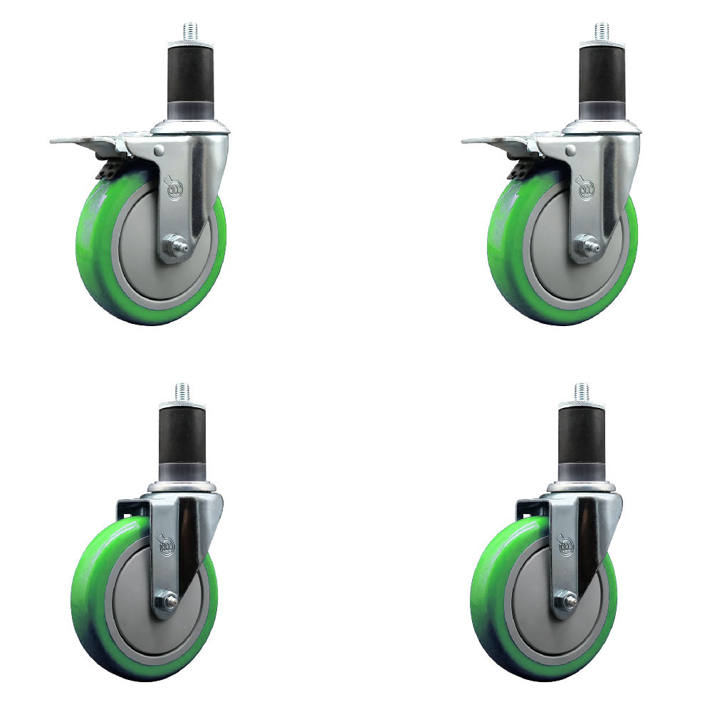 Polyurethane Swivel Expanding Stem Caster Set of 4 with 5 Inch Green Wheels and 1-5/8" Stems - Includes 2 with Total Locking Brakes - 1400 lbs Total Capacity - Service Caster Brand — photo 1