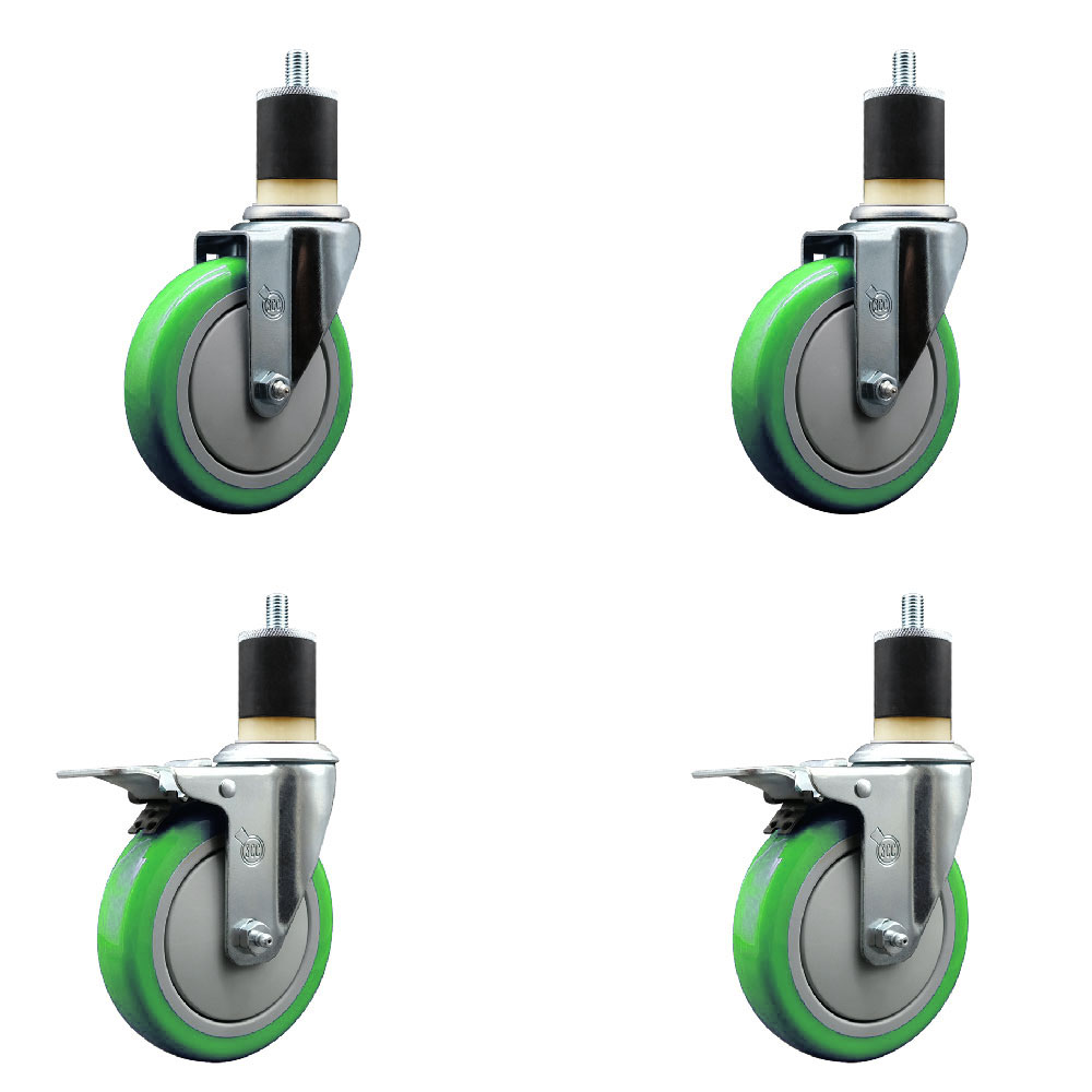 Stainless Steel Polyurethane Swivel Expanding Stem Caster Set of 4 with 5 Inch Green Wheels and 1-7/8" Stems - Includes 2 with Total Locking Brakes - 1400 lbs Total Capacity - Service Caster Brand — photo 1