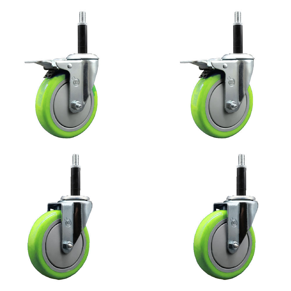 Polyurethane Swivel Expanding Stem Caster Set of 4 with 5 Inch Green Wheels and 3/4" Stems - Includes 2 with Total Locking Brakes - 1400 lbs Total Capacity - Service Caster Brand — photo 1