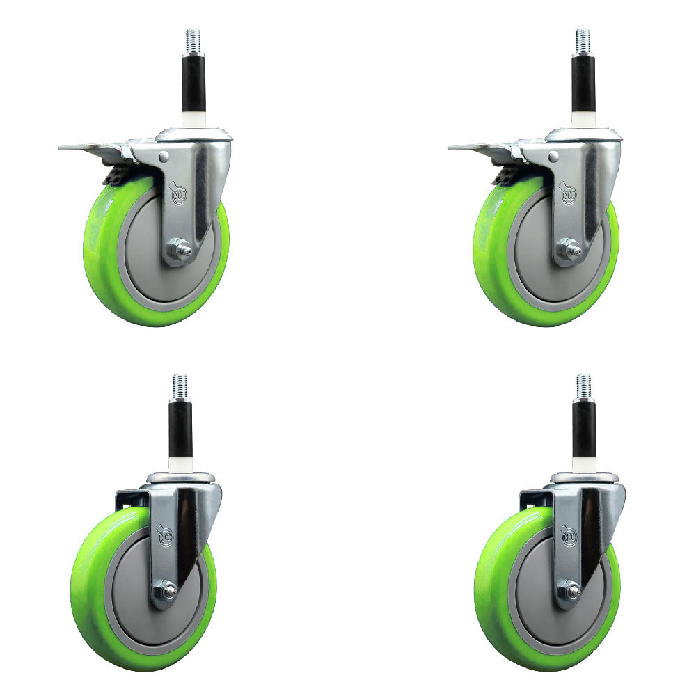 Stainless Steel Polyurethane Swivel Expanding Stem Caster Set of 4 with 5 Inch Green Wheels and 7/8" Stems - Includes 2 with Total Locking Brakes - 1400 lbs Total Capacity - Service Caster Brand — photo 1