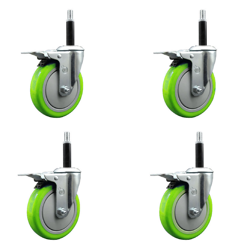 Stainless Steel Polyurethane Swivel Expanding Stem Caster Set of 4 with 5 Inch Green Wheels and 3/4" Stems-Includes 4 Swivel with Total Locking Brakes-350 lbs. Capacity Per Caster-Service Caster Brand — photo 1