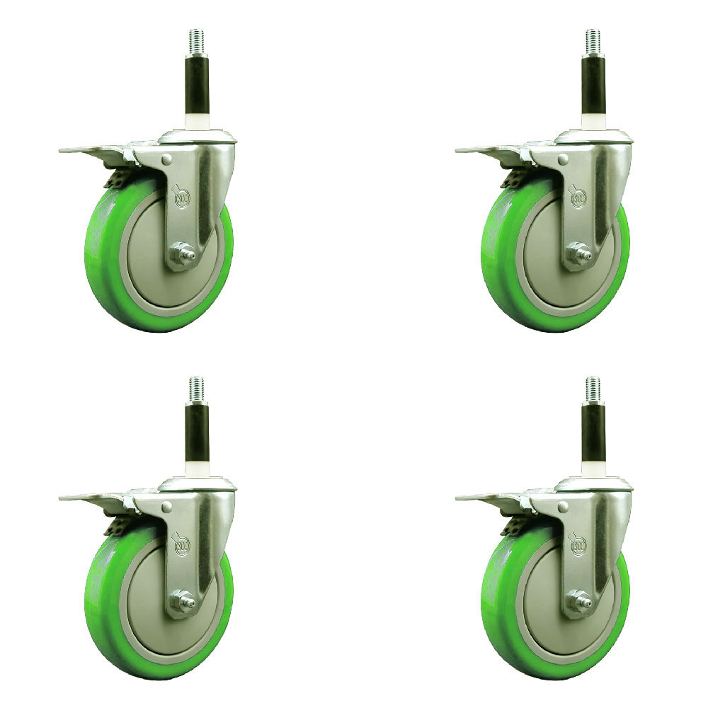 Stainless Steel Polyurethane Swivel Expanding Stem Caster Set of 4 with 5 Inch Green Wheels and 7/8" Stems-Includes 4 Swivel with Total Locking Brakes-350 lbs. Capacity Per Caster-Service Caster Brand — photo 1