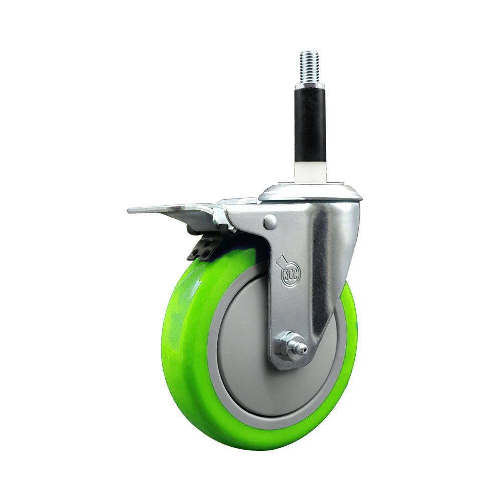 Polyurethane Expanding Stem Swivel Caster with 5 Inch Green Wheel and 7/8" Stem & Total Locking Brake - 350 lbs. Capacity Per Caster - Service Caster Brand — photo 1