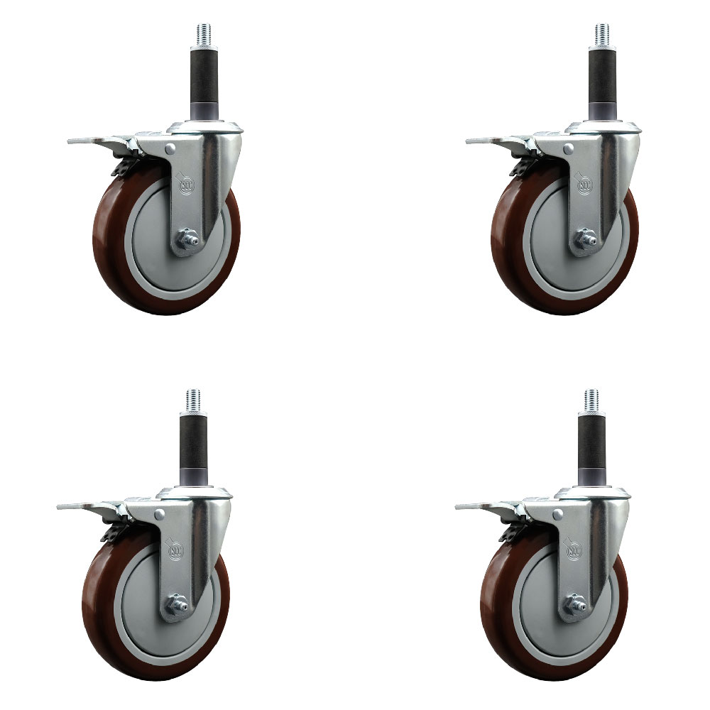Polyurethane Swivel Expanding Stem Caster Set of 4 with 5 Inch Maroon Wheels and 1" Stems - Includes 4 Swivel with Total Locking Brakes - 350 lbs. Capacity Per Caster - Service Caster Brand — photo 1