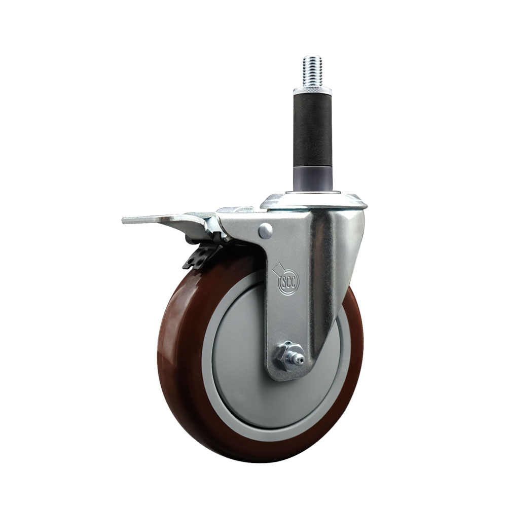Polyurethane Expanding Stem Swivel Caster with 5 Inch Maroon Wheel and 1" Stem & Total Locking Brake - 350 lbs. Capacity Per Caster - Service Caster Brand — photo 1