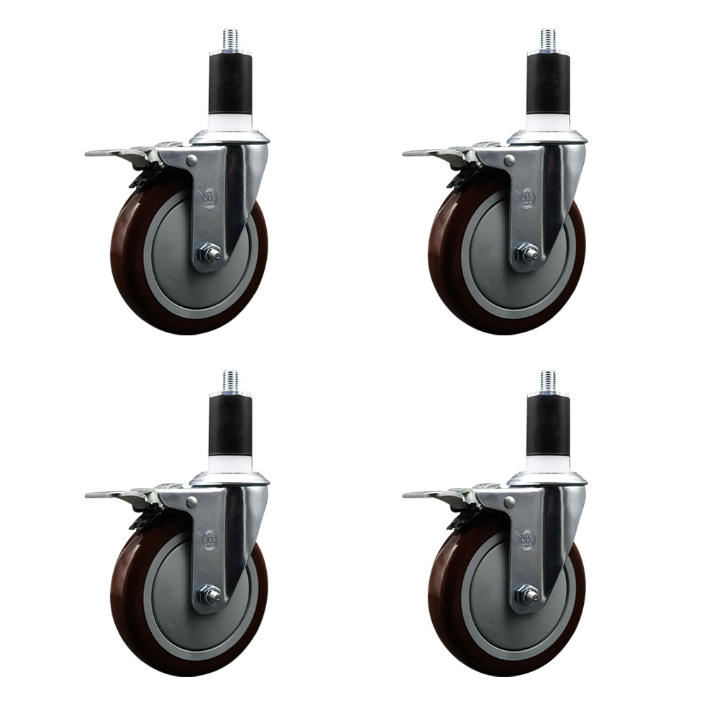 Polyurethane Swivel Expanding Stem Caster Set of 4 with 5 Inch Maroon Wheels and 1-1/2" Stems - Includes 4 Swivel with Total Locking Brakes - 350 lbs. Capacity Per Caster - Service Caster Brand — photo 1