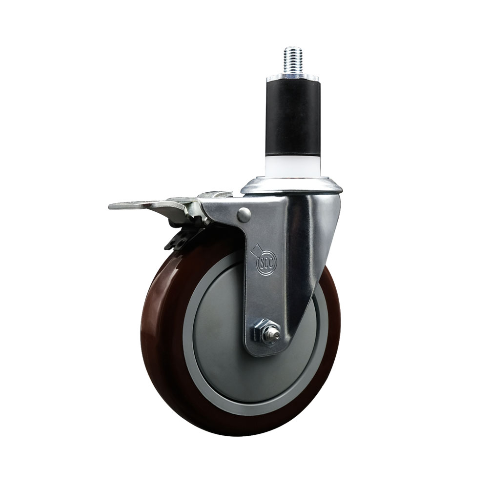 Polyurethane Expanding Stem Swivel Caster with 5 Inch Maroon Wheel and 1-1/2" Stem & Total Locking Brake - 350 lbs. Capacity Per Caster - Service Caster Brand — photo 1