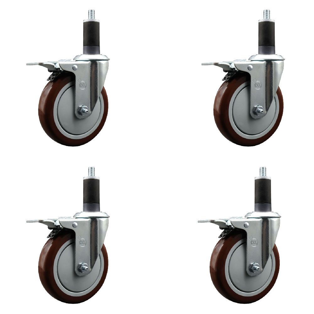 Stainless Steel Polyurethane Swivel Expanding Stem Caster Set of 4 with 5 Inch Maroon Wheels and 1-1/4" Stems - 4 Swivel with Total Locking Brakes - 350 lbs. Capacity Per Caster - Service Caster Brand — photo 1