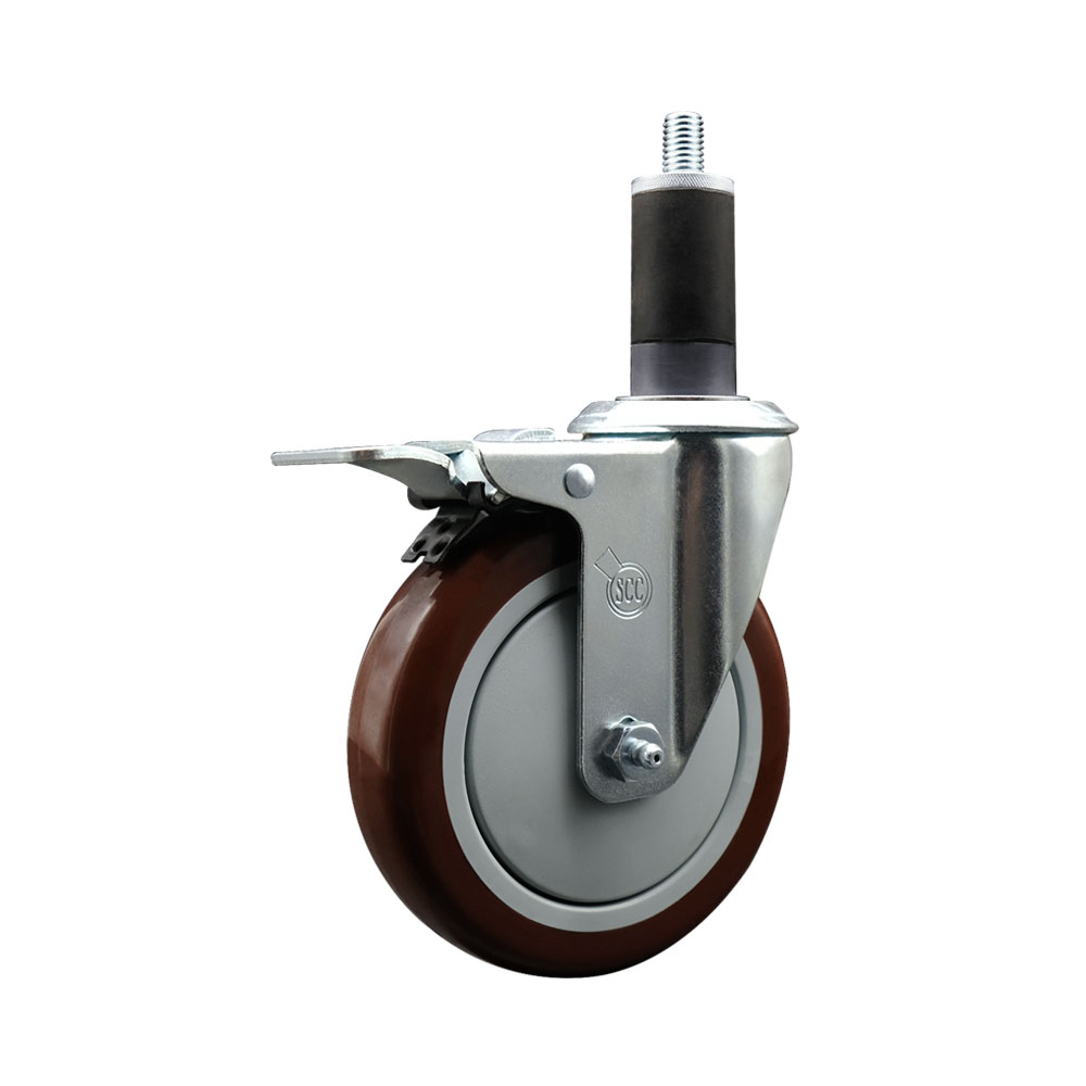 Stainless Steel Polyurethane Expanding Stem Swivel Caster with 5 Inch Maroon Wheel and 1-1/4" Stem & Total Locking Brake - 350 lbs. Capacity Per Caster - Service Caster Brand — photo 1