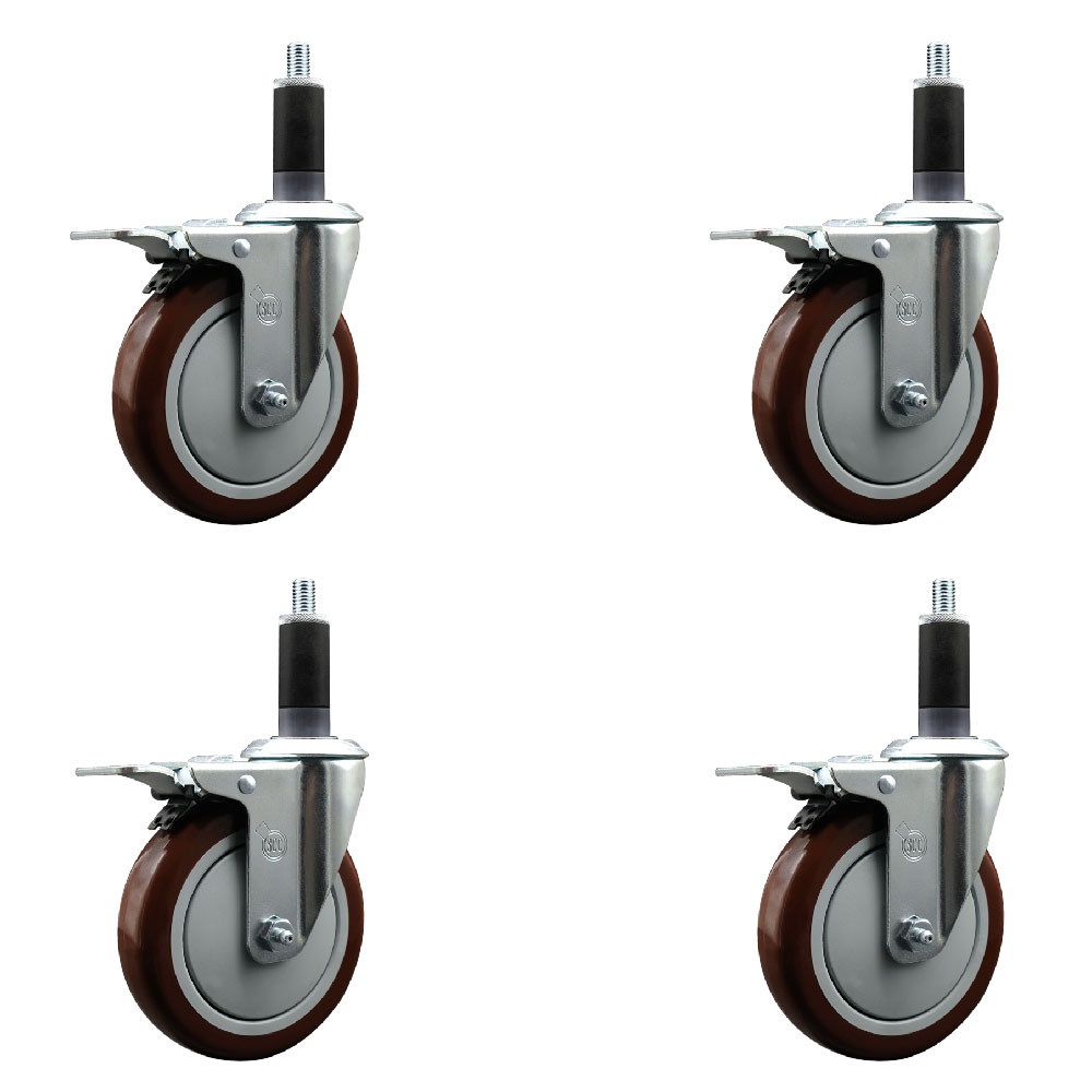 Polyurethane Swivel Expanding Stem Caster Set of 4 with 5 Inch Maroon Wheels and 1-1/8" Stems - Includes 4 Swivel with Total Locking Brakes - 350 lbs. Capacity Per Caster - Service Caster Brand — photo 1
