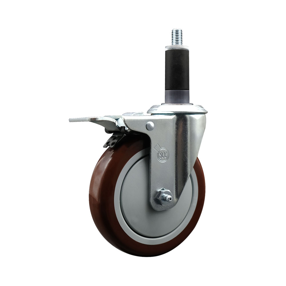 Polyurethane Expanding Stem Swivel Caster with 5 Inch Maroon Wheel and 1-1/8" Stem & Total Locking Brake - 350 lbs. Capacity Per Caster - Service Caster Brand — photo 1