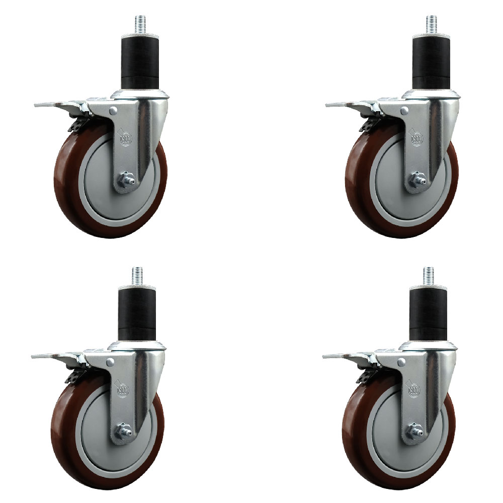 Stainless Steel Polyurethane Swivel Expanding Stem Caster Set of 4 with 5 Inch Maroon Wheels and 1-3/4" Stems - 4 Swivel with Total Locking Brakes - 350 lbs. Capacity Per Caster - Service Caster Brand — photo 1