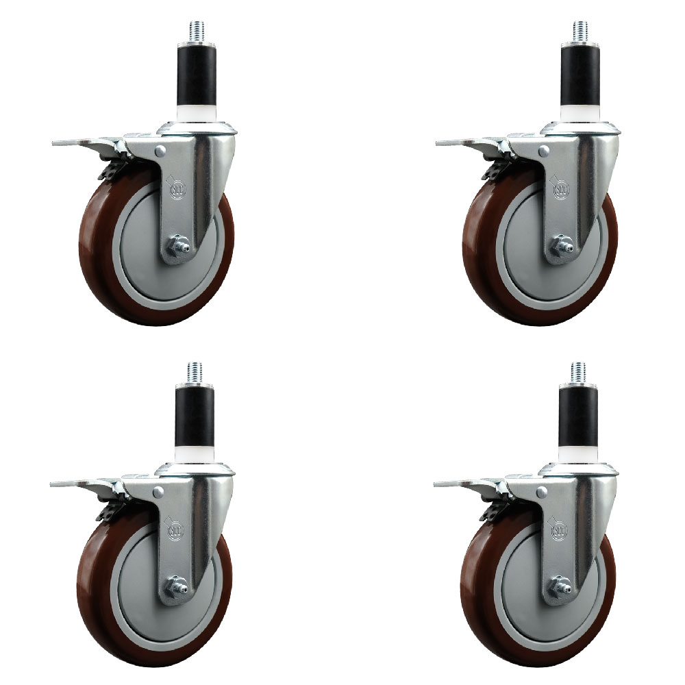 Stainless Steel Polyurethane Swivel Expanding Stem Caster Set of 4 with 5 Inch Maroon Wheels and 1-3/8" Stems - 4 Swivel with Total Locking Brakes - 350 lbs. Capacity Per Caster - Service Caster Brand — photo 1