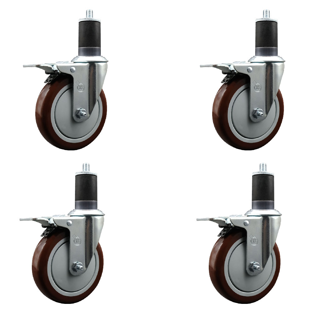 Polyurethane Swivel Expanding Stem Caster Set of 4 with 5 Inch Maroon Wheels and 1-5/8" Stems - Includes 4 Swivel with Total Locking Brakes - 350 lbs. Capacity Per Caster - Service Caster Brand — photo 1