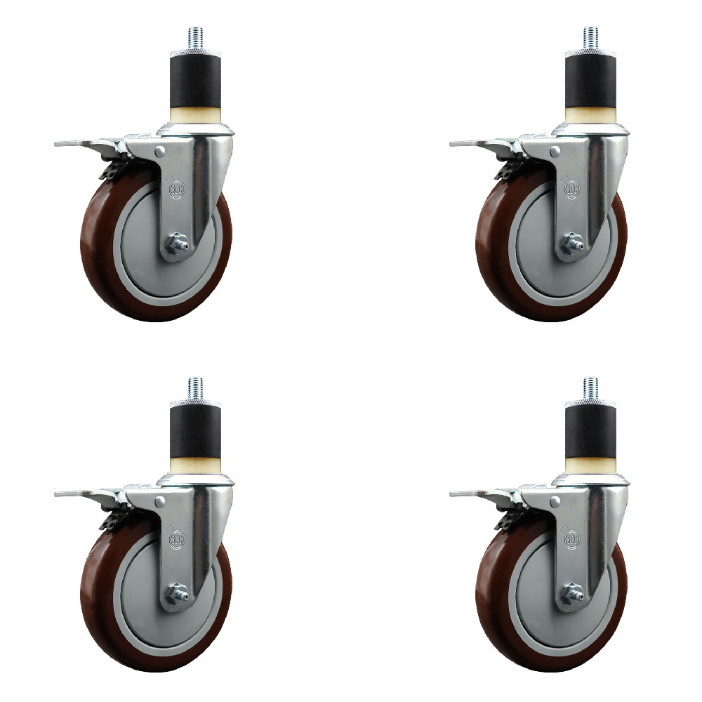 Stainless Steel Polyurethane Swivel Expanding Stem Caster Set of 4 with 5 Inch Maroon Wheels and 1-7/8" Stems - 4 Swivel with Total Locking Brakes - 350 lbs. Capacity Per Caster - Service Caster Brand — photo 1