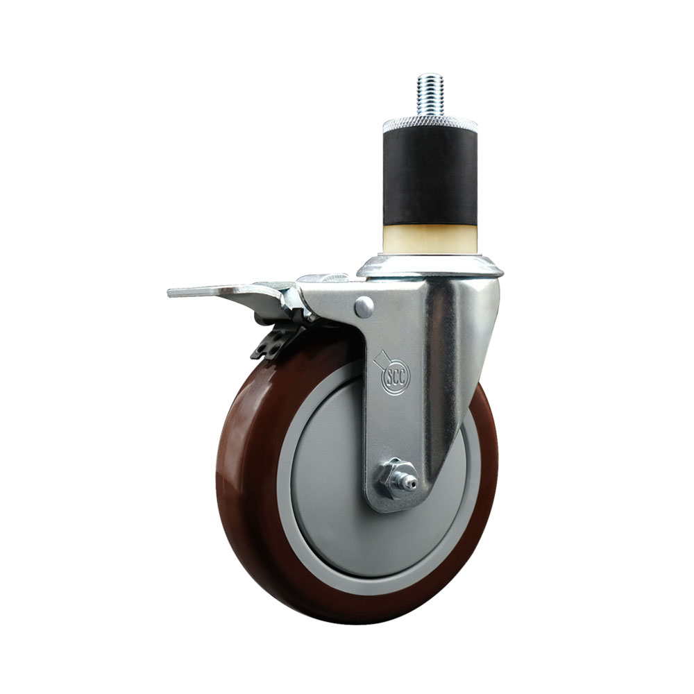 Polyurethane Expanding Stem Swivel Caster with 5 Inch Maroon Wheel and 1-7/8" Stem & Total Locking Brake - 350 lbs. Capacity Per Caster - Service Caster Brand — photo 1