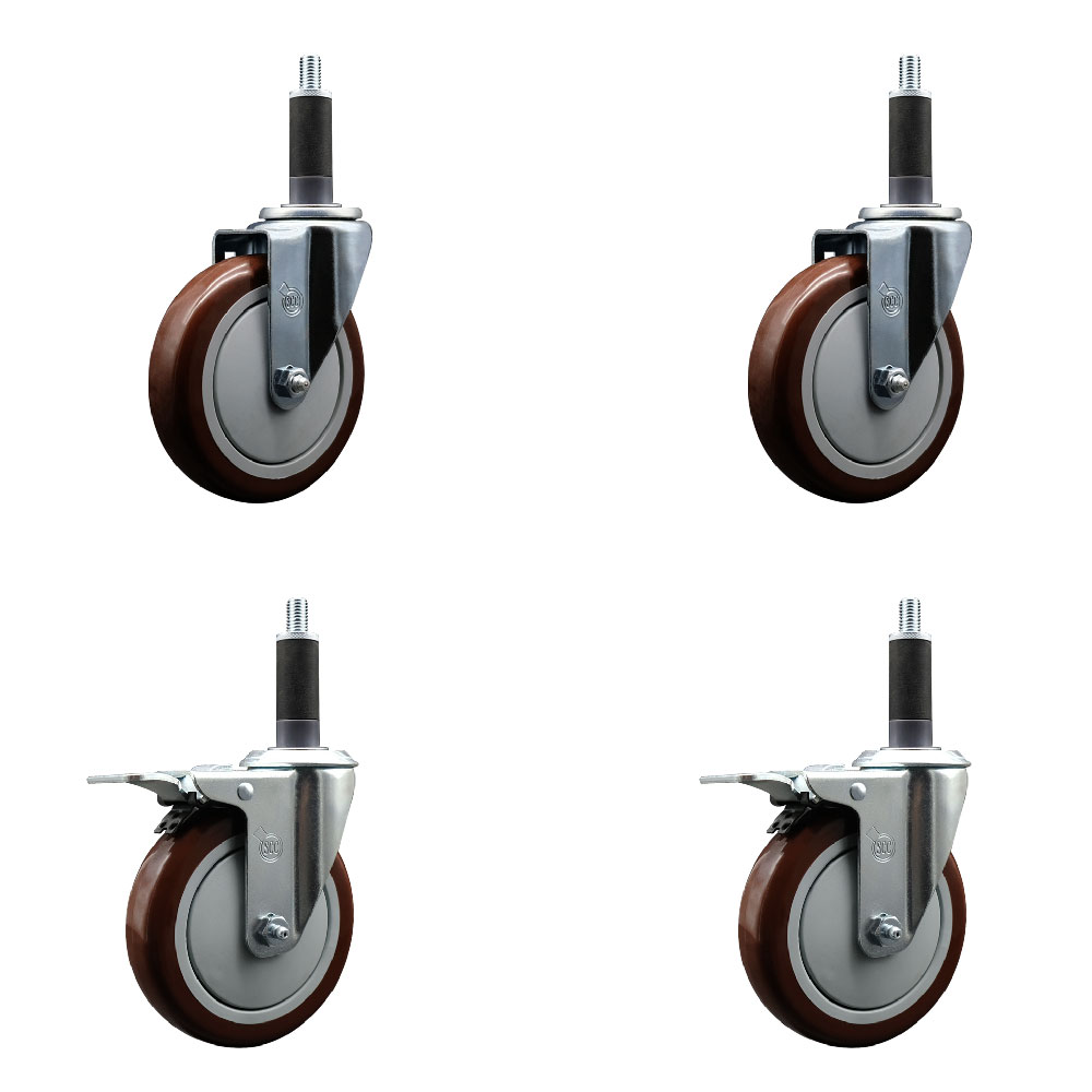 Stainless Steel Polyurethane Swivel Expanding Stem Caster Set of 4 with 5 Inch Maroon Wheels and 1" Stems - Includes 2 with Total Locking Brakes - 1400 lbs Total Capacity - Service Caster Brand — photo 1