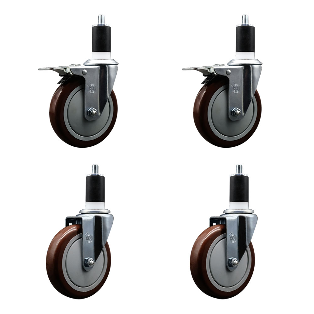Polyurethane Swivel Expanding Stem Caster Set of 4 with 5 Inch Maroon Wheels and 1-1/2" Stems - Includes 2 with Total Locking Brakes - 1400 lbs Total Capacity - Service Caster Brand — photo 1