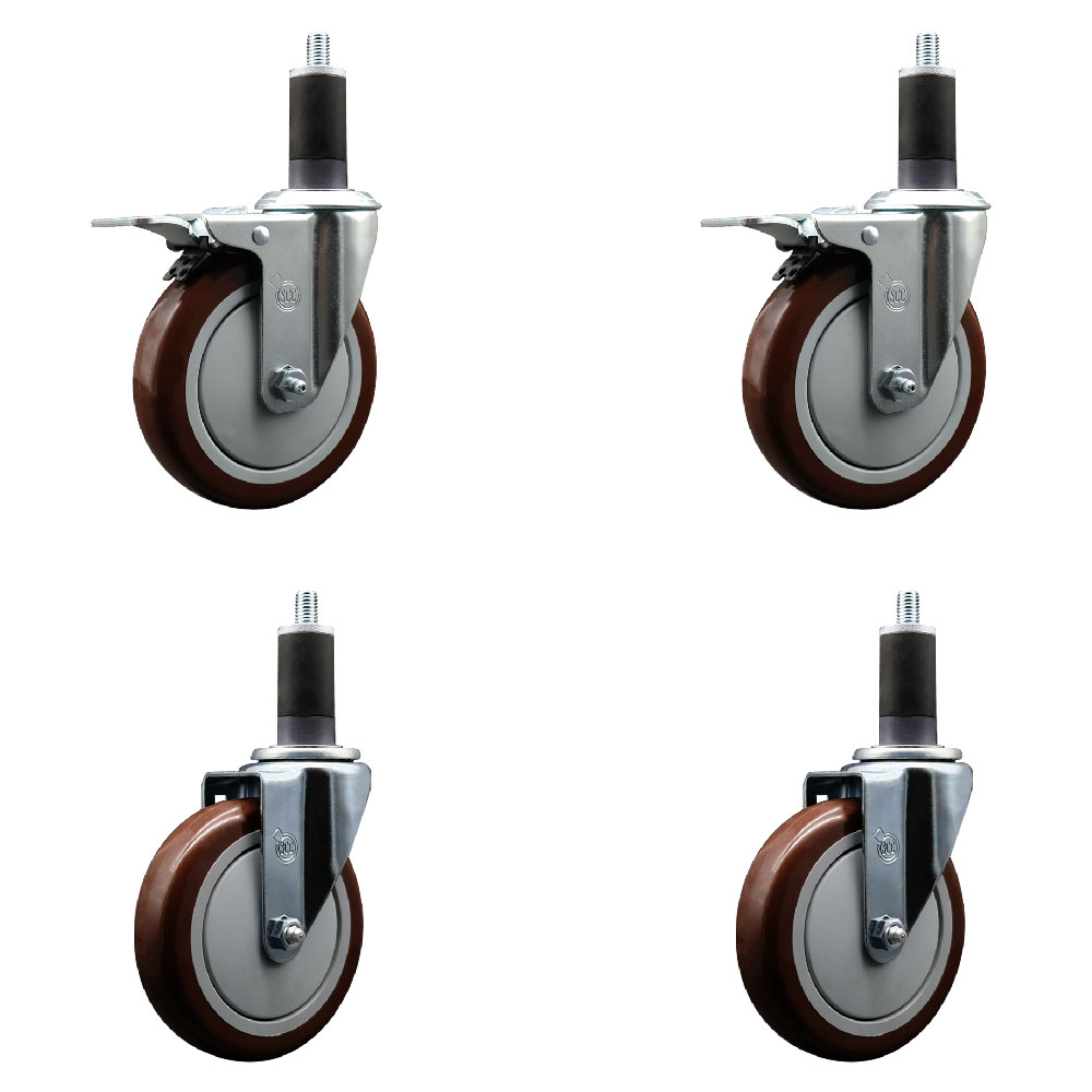 Polyurethane Swivel Expanding Stem Caster Set of 4 with 5 Inch Maroon Wheels and 1-1/4" Stems - Includes 2 with Total Locking Brakes - 1400 lbs Total Capacity - Service Caster Brand — photo 1