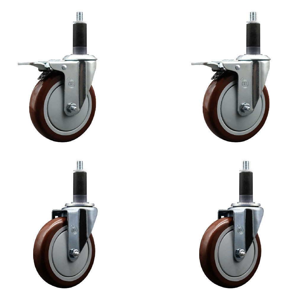 Stainless Steel Polyurethane Swivel Expanding Stem Caster Set of 4 with 5 Inch Maroon Wheels and 1-1/8" Stems - Includes 2 with Total Locking Brakes - 1400 lbs Total Capacity - Service Caster Brand — photo 1