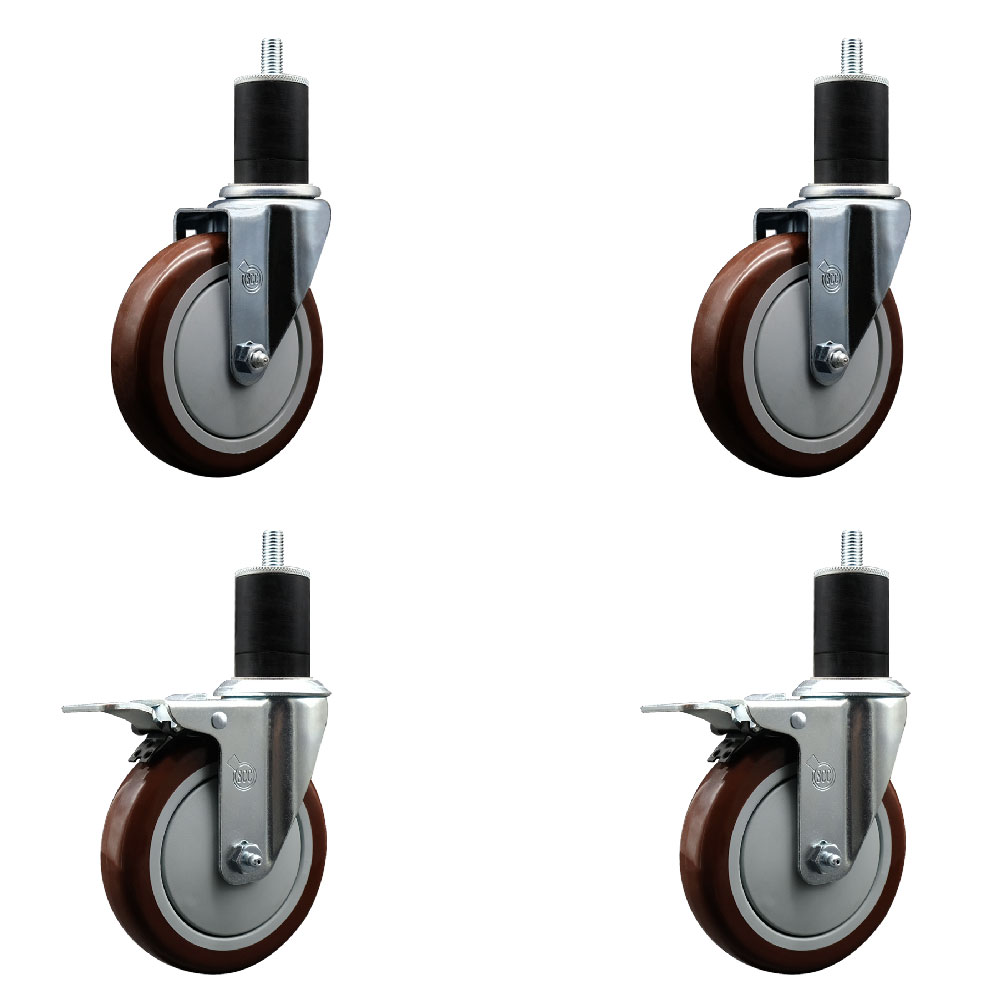 Stainless Steel Polyurethane Swivel Expanding Stem Caster Set of 4 with 5 Inch Maroon Wheels and 1-3/4" Stems - Includes 2 with Total Locking Brakes - 1400 lbs Total Capacity - Service Caster Brand — photo 1