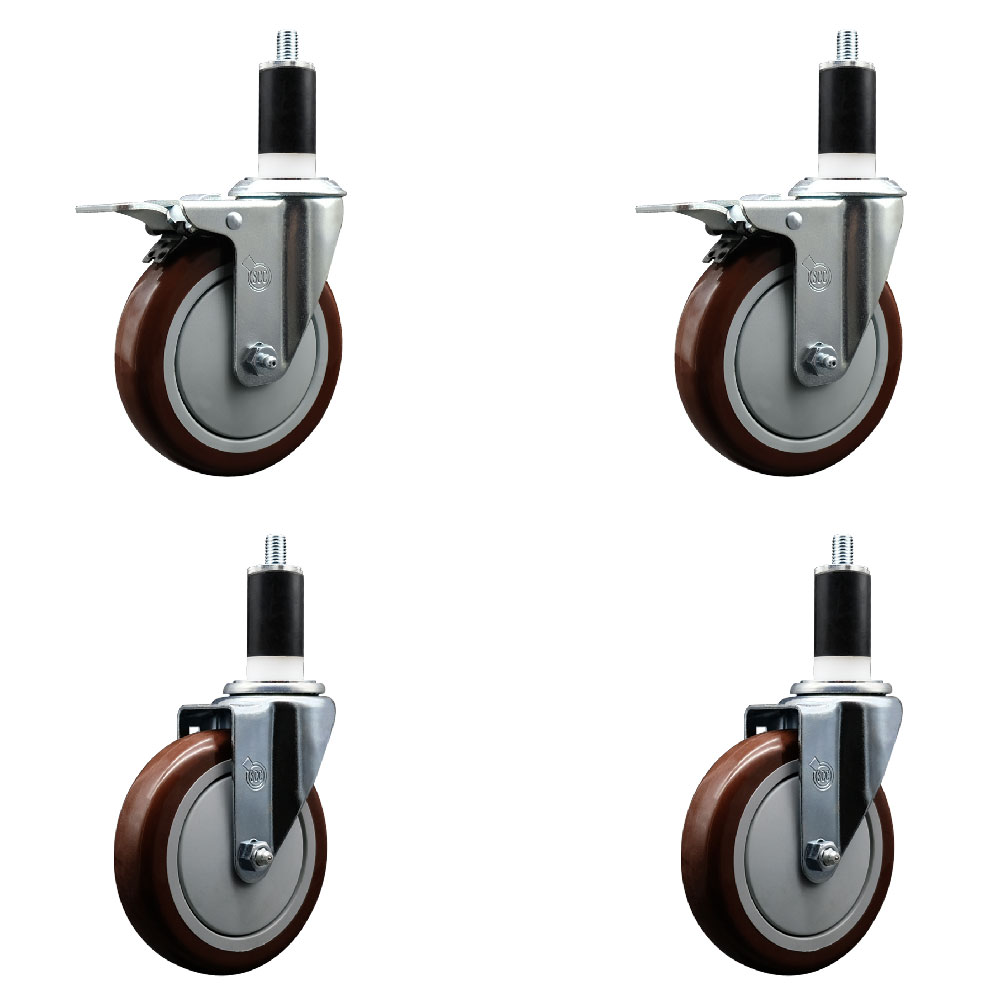 Polyurethane Swivel Expanding Stem Caster Set of 4 with 5 Inch Maroon Wheels and 1-3/8" Stems - Includes 2 with Total Locking Brakes - 1400 lbs Total Capacity - Service Caster Brand — photo 1